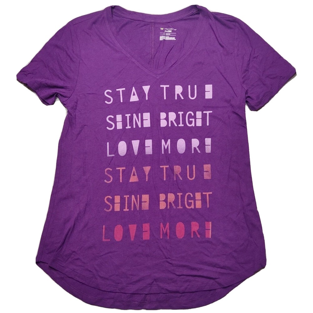 TEK GEAR DRYTEK Women Small Purple STAY TRUE SHINE BRIGHT LOVE MORE T-Shirt NEW